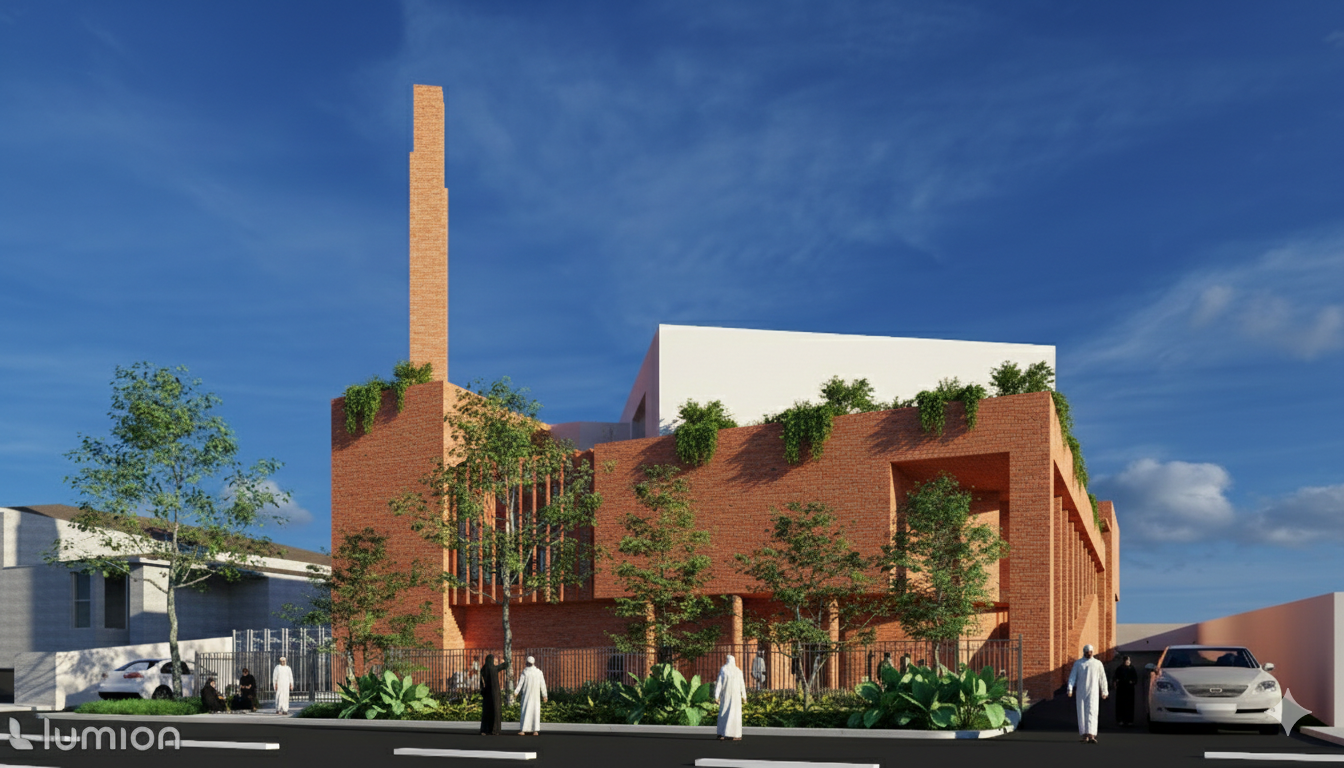 Architectural render of the future Durbanville Masjid in brick with a tall minaret
