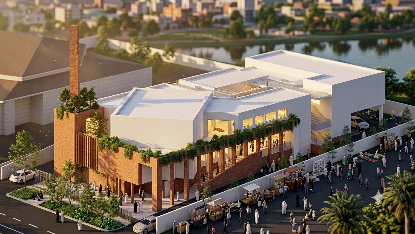 Aerial render of the planned Masjid and Islamic Centre complex