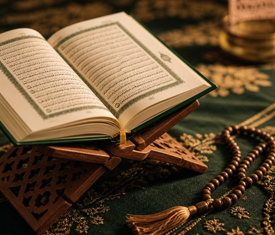 Open Qur'an on a wooden stand